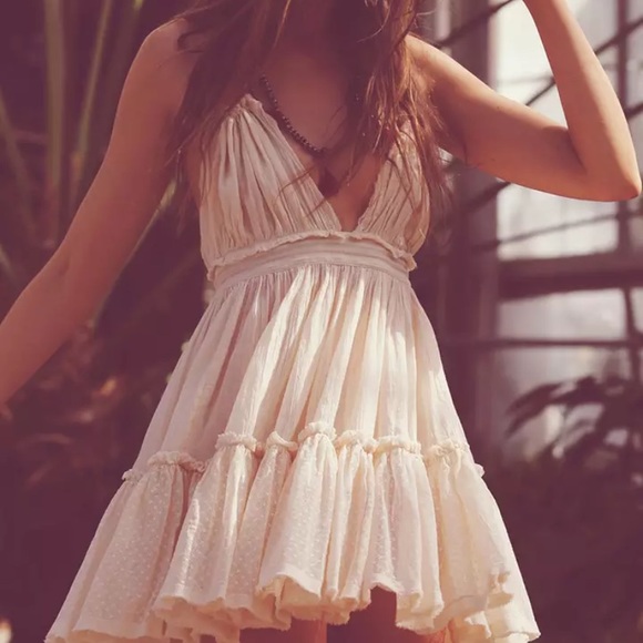 SOLD OUT Ivory Swiss Dot Mesh Boho Halter Mini Dress - Picture 3 of 6